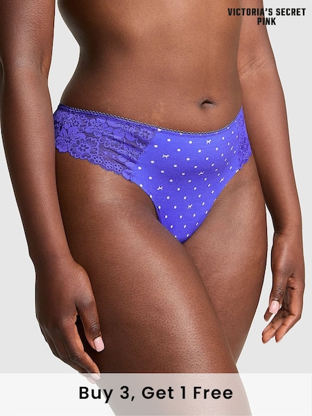 Victoria's Secret PINK Ultra Marine Blue Thong No Show Lace Trim Cheeky Knickers (F51213) | £9