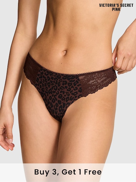 Victoria's Secret PINK Brown Leopard Thong No Show Lace Trim Cheeky Knickers (F51222) | £9