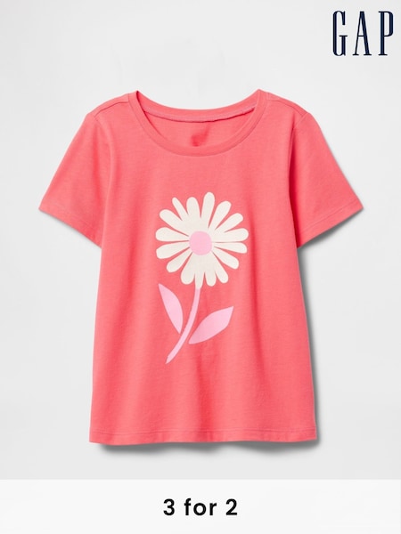 Gap Coral Pink Daisy Short Sleeve Crew Neck Graphic T-Shirt (6mths-5yrs) (F51275) | £10