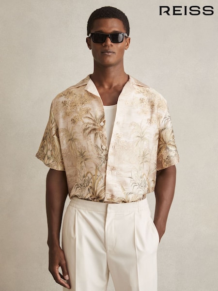 Reiss Soft Sage Green Yoshi Jungle Print Cuban-Collar Shirt (F51284) | £128