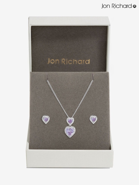 Jon Richard Silver Tone Cubic Zirconia Lavender Halo Double Heart Set (F51384) | £25