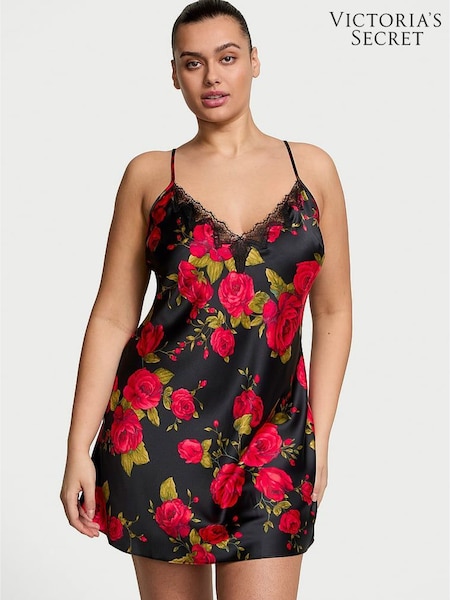Victoria's Secret Black Glamorous Rose Satin Lace Trim Slip Dress (F51615) | £69