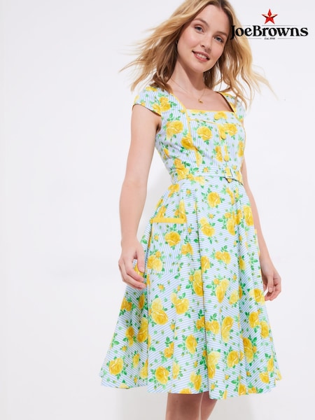 Joe Browns Blue Belted Floral Print Knee 100% Cotton Dress (F51713) | £65
