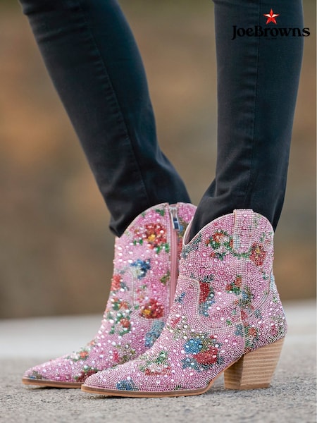 Joe Browns Pink Floral Print Diamanté Western Ankle Boots (F51827) | £104