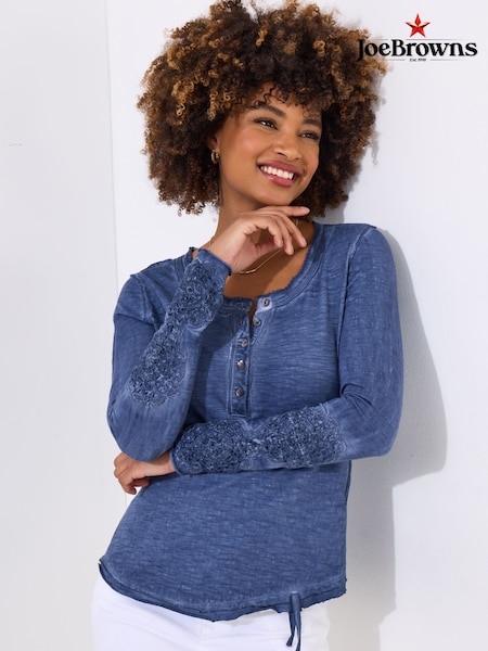 Joe Browns Blue Crochet Patch Henley 100% Cotton Top (F51905) | £50
