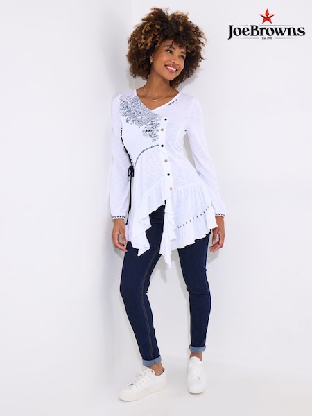 Joe Browns White Frilly Embroidered V-Neck Tunic (F51936) | £55