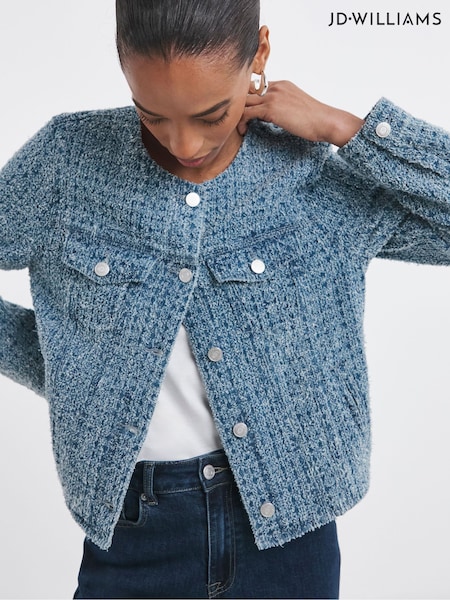 JD Williams Blue Fitted Collarless Boucle Textured Denim Jacket (F51997) | £55