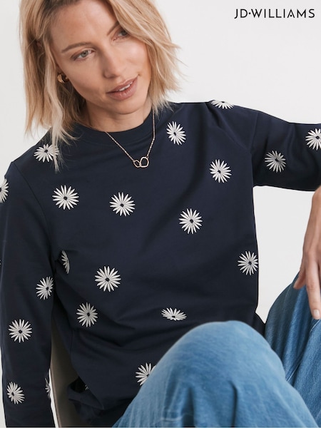 JD Williams Blue Embroidered Daisy 100% Cotton Sweatshirt (F52010) | £30