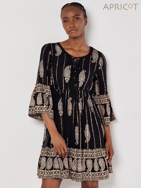 Apricot Black Bohemian Metallic Bell Sleeve Dress (F52093) | £46