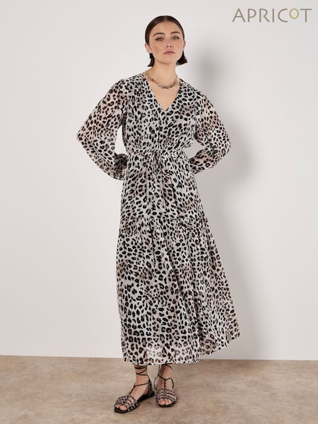 Apricot Natural Leopard Metallic Animal Print Chiffon Midi Dress (F52094) | £55