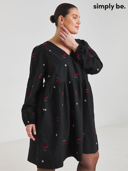 Simply Be Black Embroidered Cherry Skater Dress (F52229) | £50