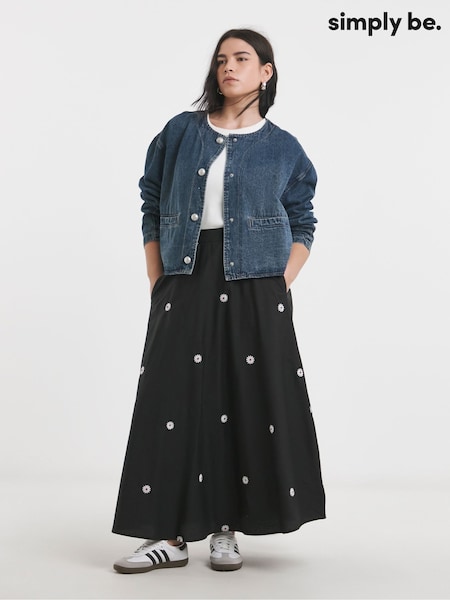 Simply Be Black Embroidered Midaxi 100% Cotton Skirt (F52249) | £35