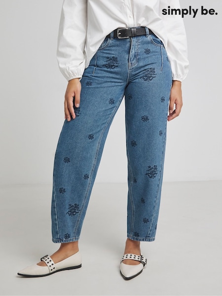 Simply Be Blue Embroidered Barrel Leg 100% Cotton Jeans (F52253) | £48