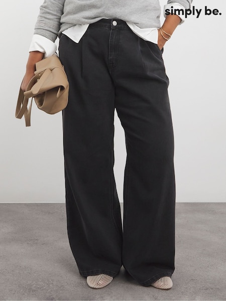 Simply Be Black Pleat Detail Wide Leg 100% Cotton Jeans (F52281) | £34