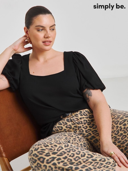 Simply Be Black Puff Sleeve Rib T-Shirt (F52285) | £25