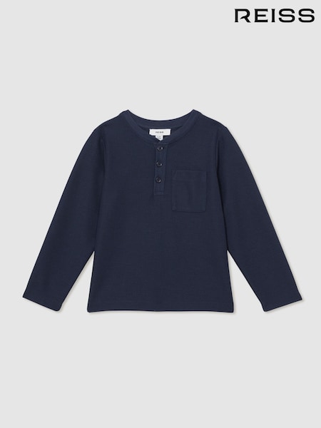 Reiss Navy David Cotton Blend Waffle Henley T-Shirt (F52314) | £26