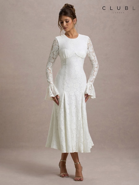 Club L London White For Life Lace Long Sleeve Midi Dress (F52341) | £125