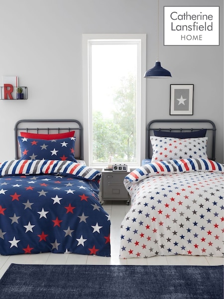 Catherine Lansfield 2 Pack White  Blue So Soft Stripes Stars Duvet Cover Set (F52393) | £25 - £35