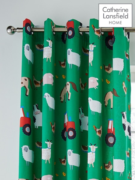 Catherine Lansfield Green Farmyard Animals Reversible Eyelet Curtains (F52397) | £50