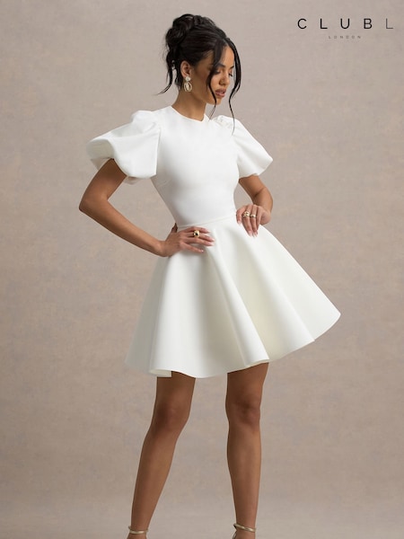 Club L London White Emelia Puff-Sleeve Skater Bridal Dress (F52413) | £75