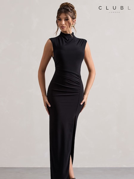 Club L London Black Lanetta Ruched High-Neck Maxi Dress With Split (F52416) | £75