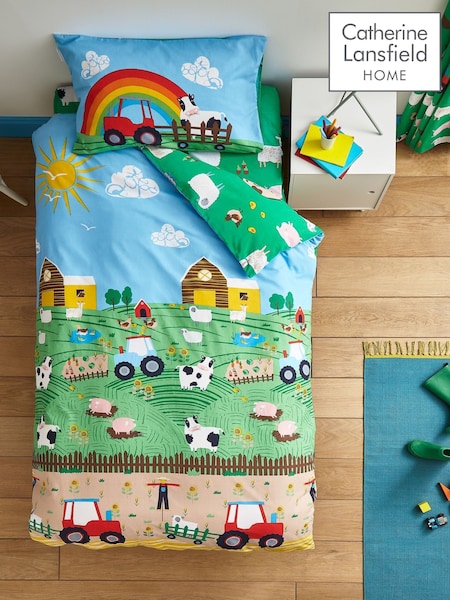 Catherine Lansfield Blue Farmyard Animals Print Reversible Duvet Cover Set (F52436) | £14 - £23