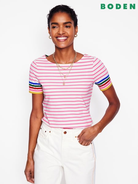 Boden Pink Ella Short Sleeve Breton 100% Cotton T-Shirt (F52742) | £26