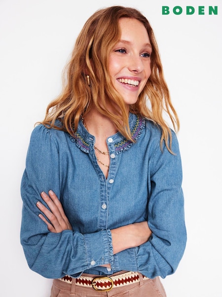 Boden Blue Smocked Neck Denim Shirt (F52762) | £80