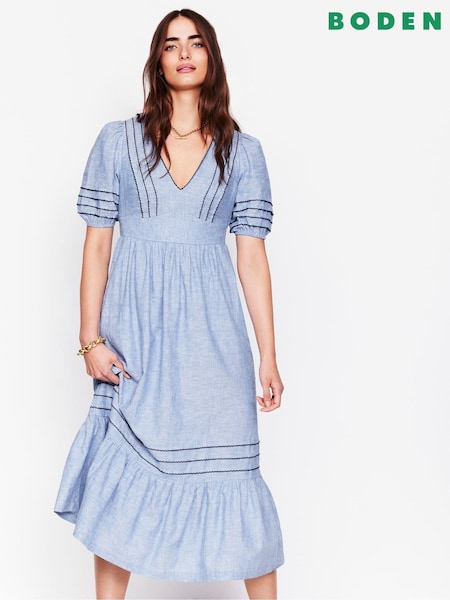 Boden Blue Smocked Waist Linen Dress (F52790) | £156