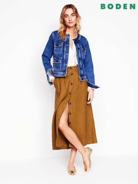 Boden Brown Thomasina 100% Linen Midi Skirt (F52800) | £98
