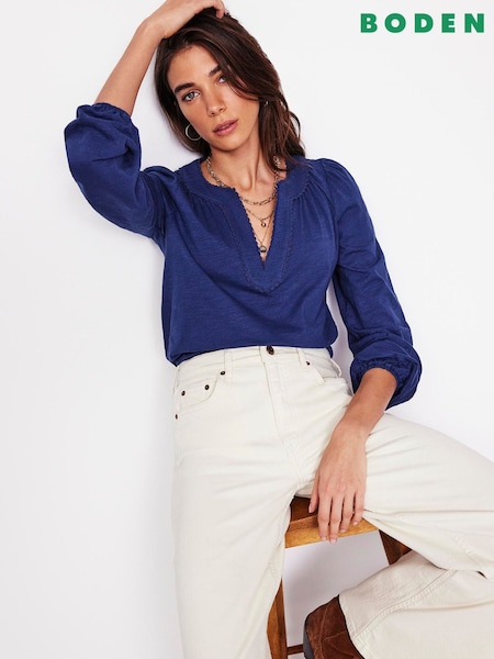 Boden Blue Ava Long Sleeve Trim 100% Cotton Top (F52809) | £46