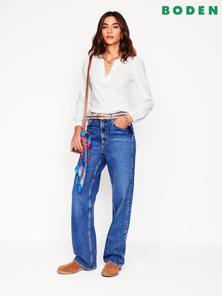 Boden White Ava Long Sleeve Trim 100% Cotton Top (F52851) | £46