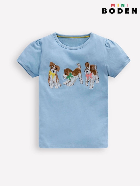 Boden Blue Puff Sleeve Superstitch 100% Cotton Top (F52903) | £19 - £21