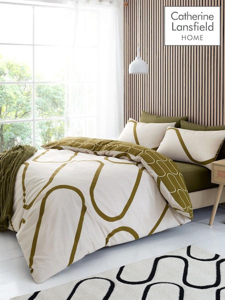 Catherine Lansfield Green Linear Curve Geo Duvet Cover Set (F52907) | £17 - £35