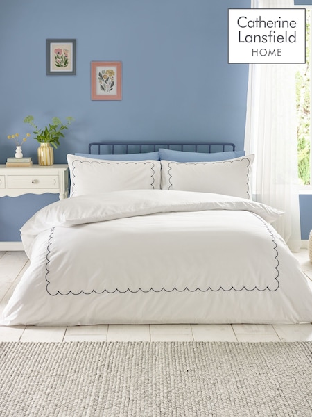 Catherine Lansfield Blue Scallop Border Embroidery Duvet Cover Set (F52922) | £25 - £45