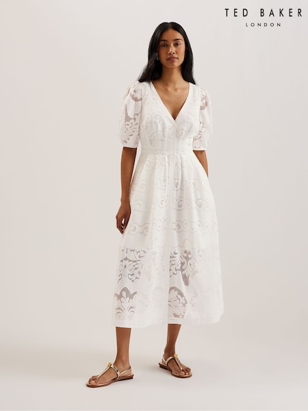 Ted Baker White Agnel Lace Puff Sleeve Midi Dress (F53077) | £225
