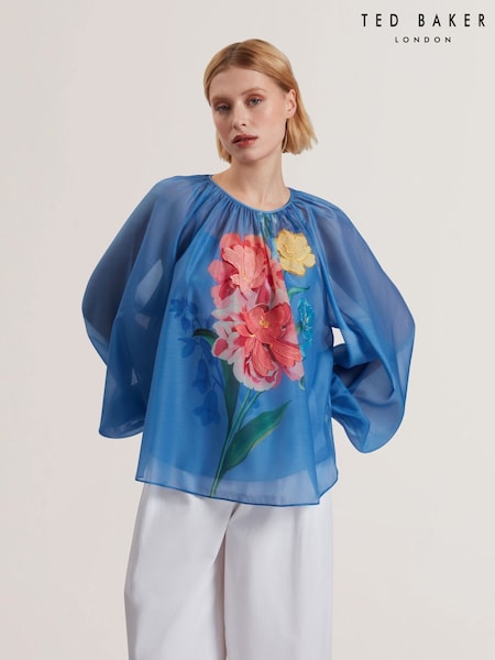 Ted Baker Blue Alria-Printed Organza Puff Sleeve Blouse (F53126) | £149