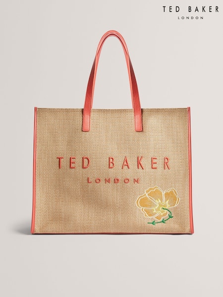 Ted Baker Orange Floraff-Floral Applique Extra Large Raffia Icon Bag (F53146) | £99