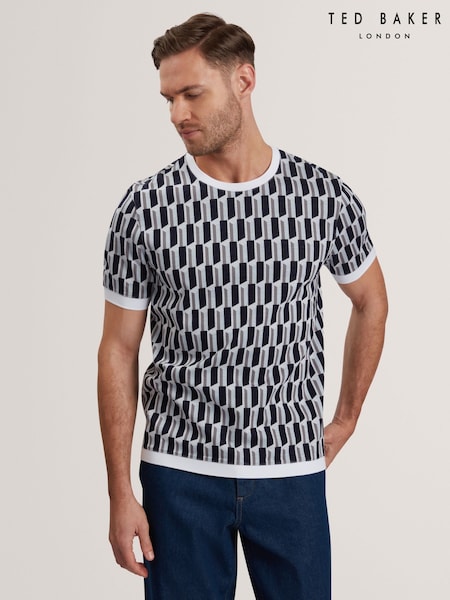 Ted Baker Blue Marvins Short Sleeve Jacquard Stripe Geo T-Shirt (F53206) | £55