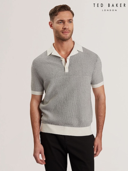 Ted Baker Cream Small Gregry Short Sleeve Stitch Knitted 100% Cotton Polo Shirt (F53212) | £89