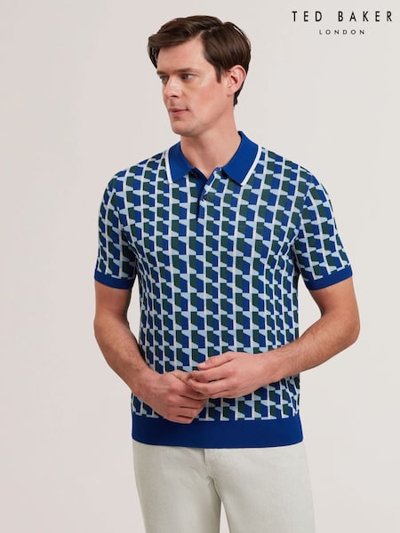 Ted Baker Blue Rossio Short Sleeve Rayon Geometric Polo Shirt (F53250) | £99