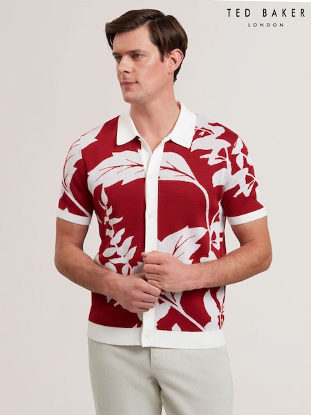 Ted Baker Red Edson Button Through Floral Polo Shirt (F53303) | £119
