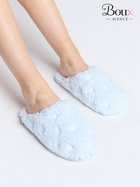 Boux Avenue Blue Cosy Bow Embroidered Powder Mule Slippers (F53587) | £20