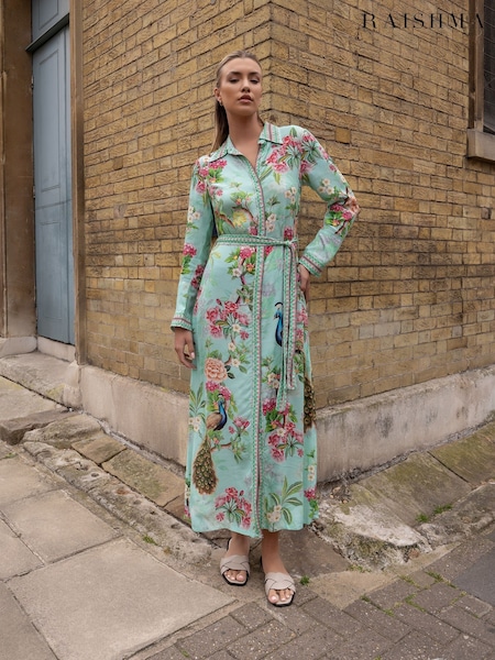 Raishma Green Enola High Neck Buttoned Long Sleeved a Line Floral Dress (F53612) | £189