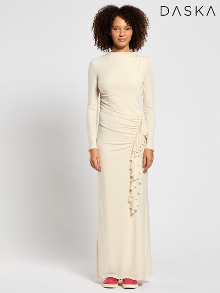 Daska Cream Charlotte Maxi Dress With Long Sleeves And Side Frill Detail (F53617) | £90