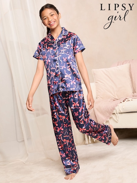 Lipsy Navy Blue Bow Satin Shirt And Long Leg Pyjamas Set (5-16yrs) (F53679) | £24 - £32