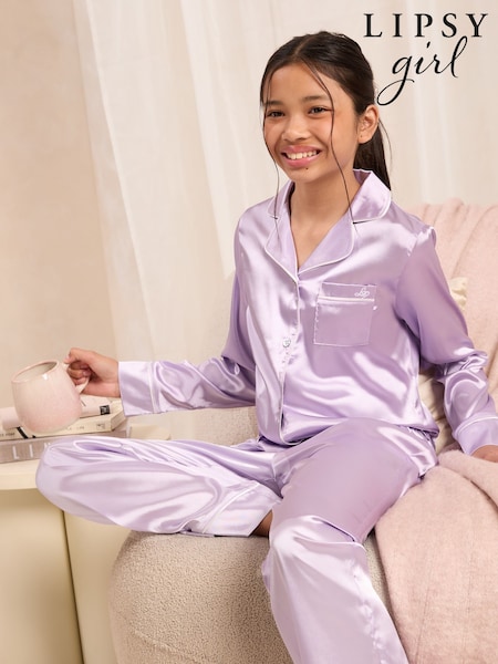 Lipsy Lilac Purple Long Sleeve Leg Satin Pyjamas Set (5-16yrs) (F53680) | £0