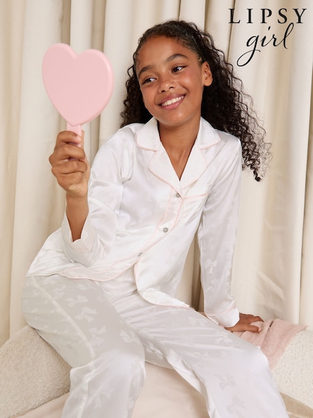 Lipsy White Bow Long Sleeve Leg Satin Pyjamas Set (5-16yrs) (F53681) | £25 - £33