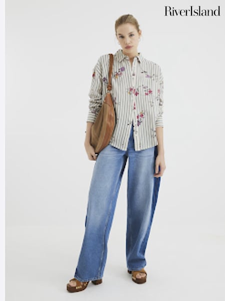 River Island Cream Floral Print Stripe Embroidered 100% Cotton Shirt (F53864) | £46