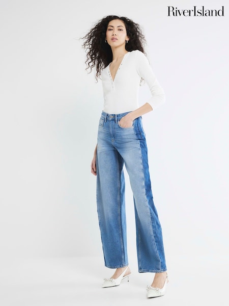 River Island Blue Side Stripe Barrel 100% Cotton Jeans (F53893) | £48